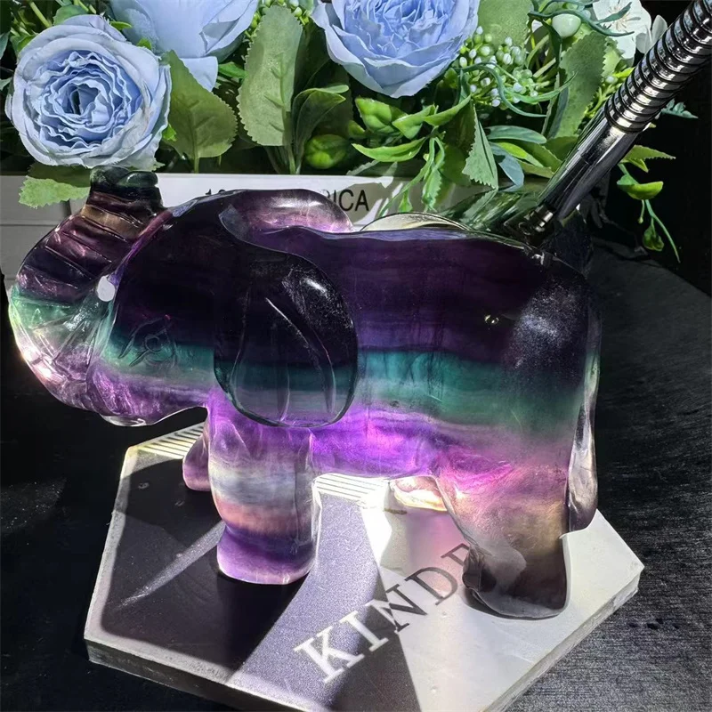 New Design High Quality Crystal Crafts Colorful Fluorite Elephant Carving For Meditation
