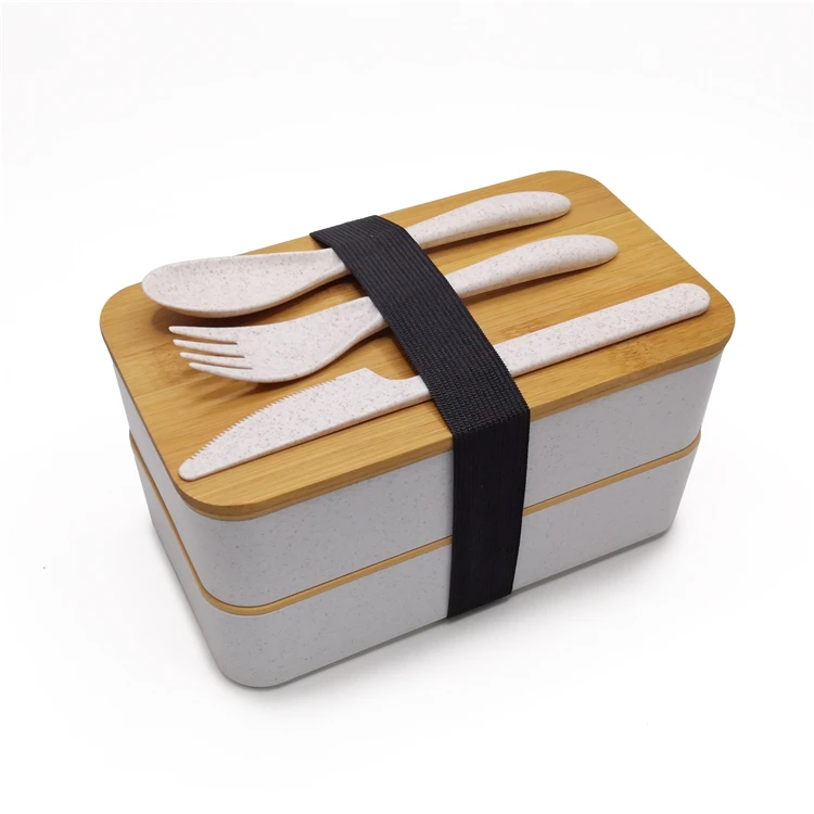 Double Layers Portable Food Mealtime Containers Leakproof Bamboo Lid Plastic Lunch Bento Box