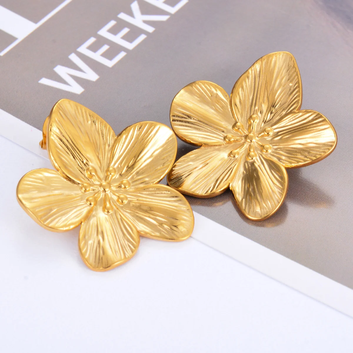 Waterproof 18K Gold Stainless Steel Flower Big Open Ring Earrings Bracelets Set For Women Trendy Fashion Party  Jewelry