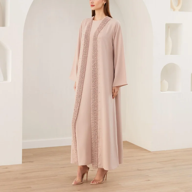 Eid Open Scattered Beaded Shiny Abaya Dress Luxurious Elegant Simple Muslim Dubai Wedding Women Adults Round Islam Support OEM