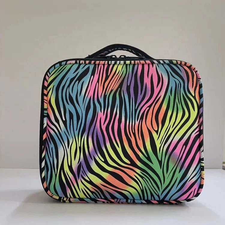 Holographic Reflective Makeup Case Travel Cosmetic Case For Women Geometric Luminous Toiletry Bag With Adjustable Dividers