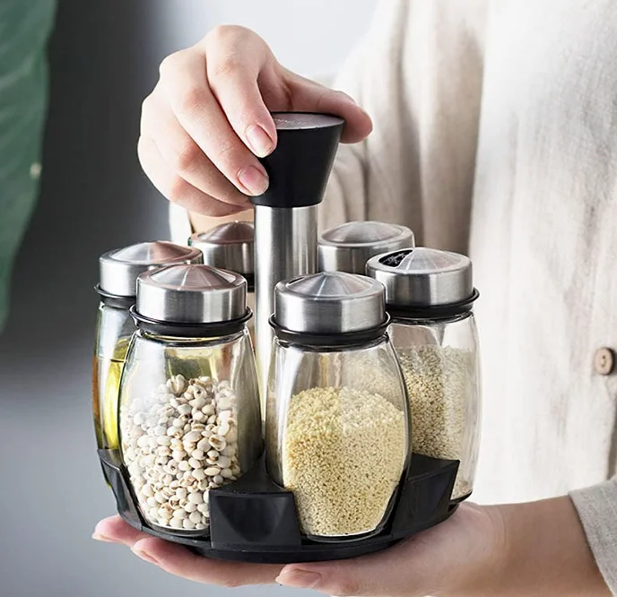 6-Jar Seasoning Organizer Holder 360° Rotation Shelf Tower Set with 6 Glass Spice Refill Containers Jars