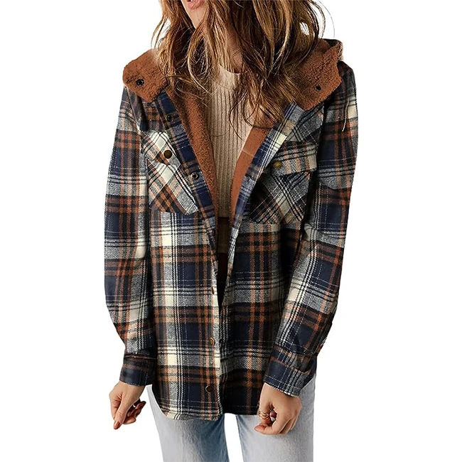 Womens Plaid Shacket Jacket Long Sleeve Button Down Fleece Hooded Jackets Warm Coat
