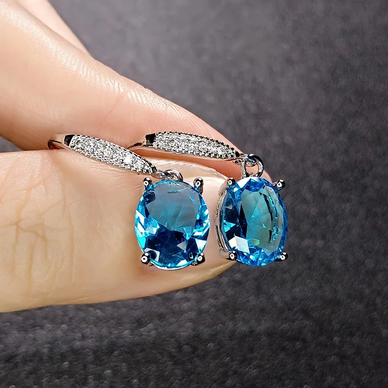 Aquamarine ear hook temperament egg-shaped sapphire earing drop set with zircon aquamarine earing hook