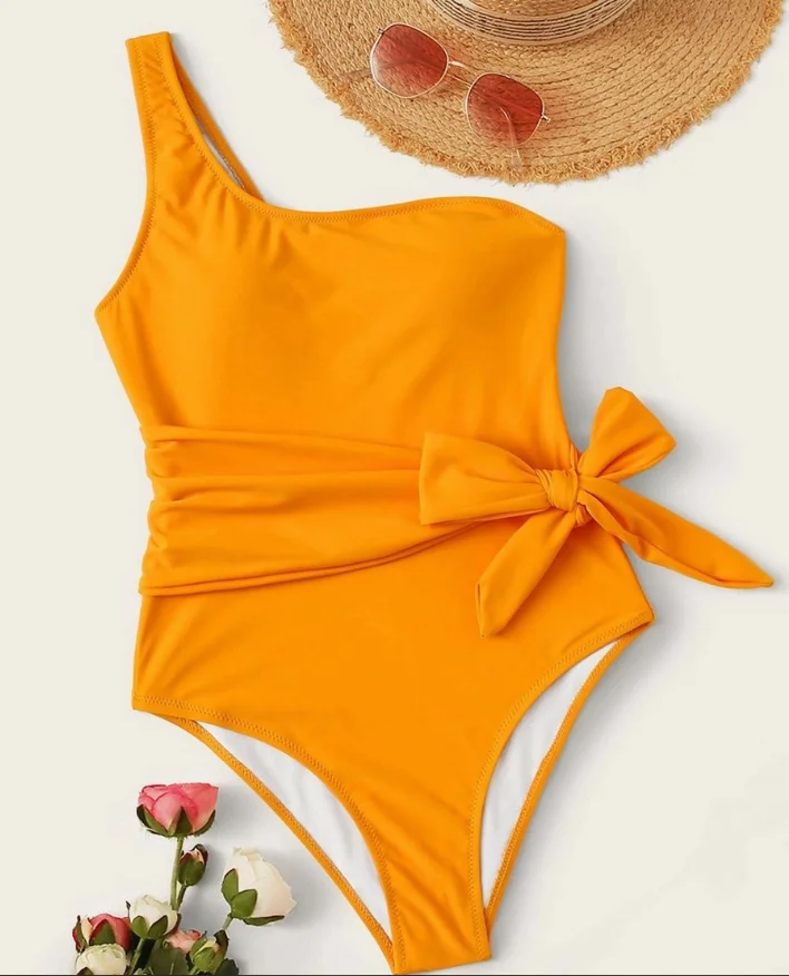 High Quality Mustard One Piece Swimsuit Tummy Control Lady Swimwear Custom Logo One Shoulder Bathing Suit Fitness Swimwear Women