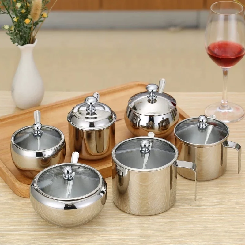 Seasoning Box  Seasoning Rack Spice Pots Storage Container Condiment Jars 304 Stainless Steel  with Tempered Glass Cover and Spo