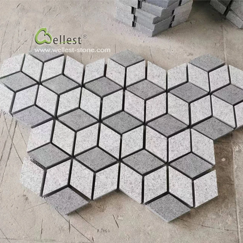 supply golden supplier natural stone grey pattern 3D design granite cobbles stone driveway paver on mesh, plaza paving stone