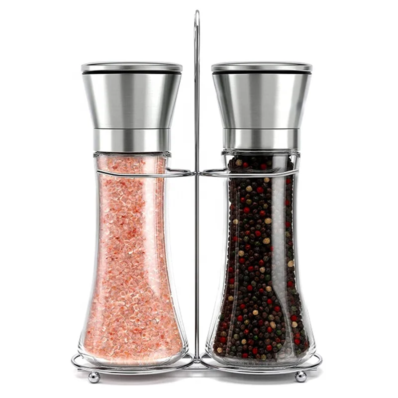 Salt Grinders and Pepper Mill Shaker Set With Holder And Adjustable Coarseness Stainless Steel Lid