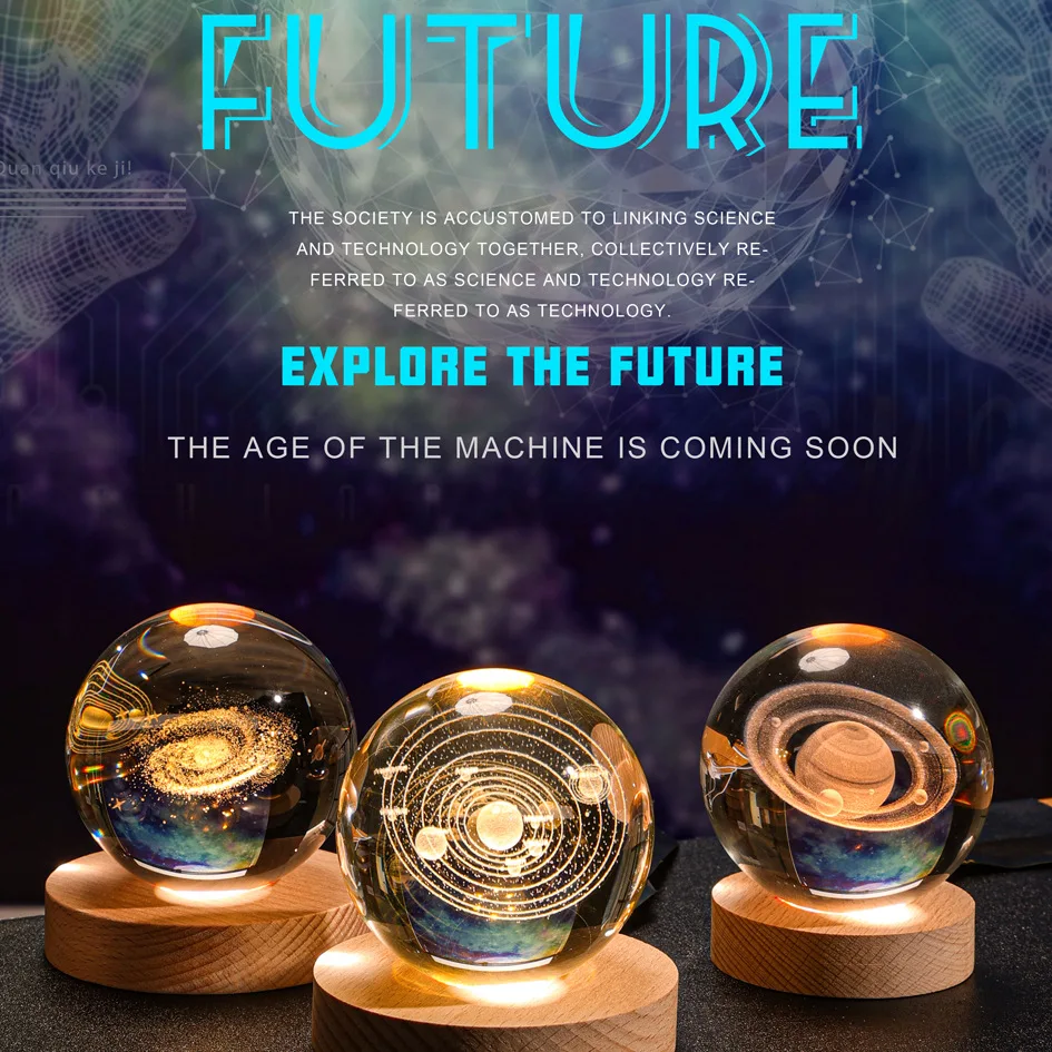 Solar System Planet Sphere Laser 3D Interior Carved Small Night Light Crystal Ball with Wood Base LED Light Night Lamp