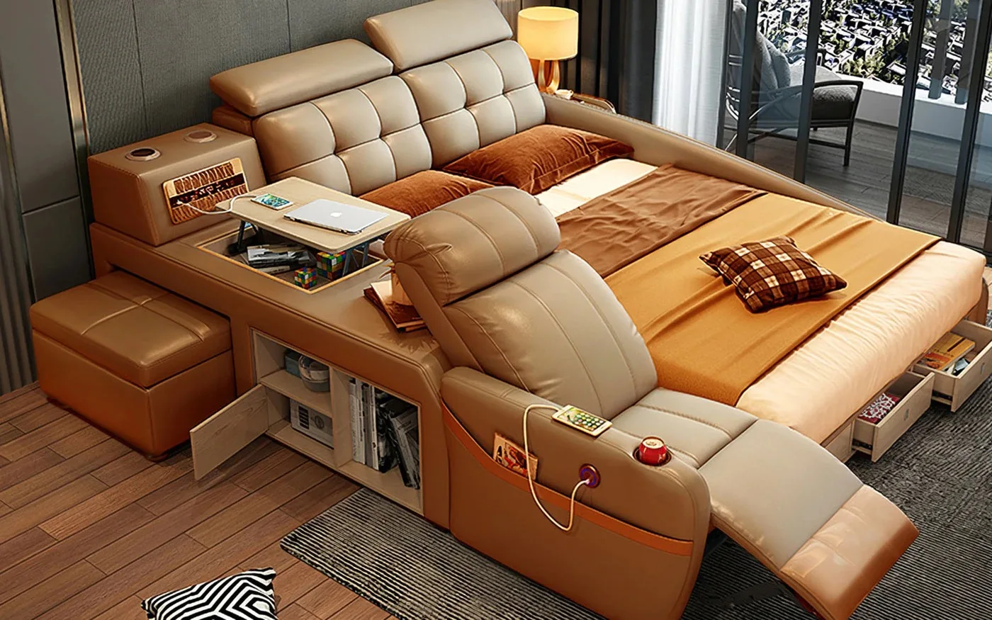 Modern design multifunctional massage bedroom furniture genuine leather smart bed with music