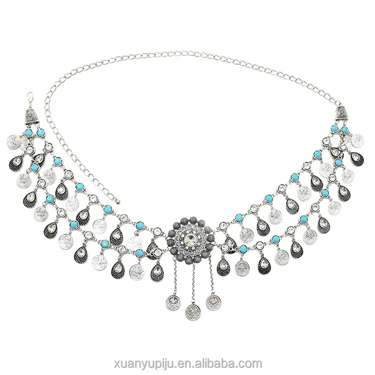 Wholesale Fashion New Bohemian Coin Tassel Waist Chain Retro Ethnic Style Alloy Dot Diamond Belly Dance Waist Ornament