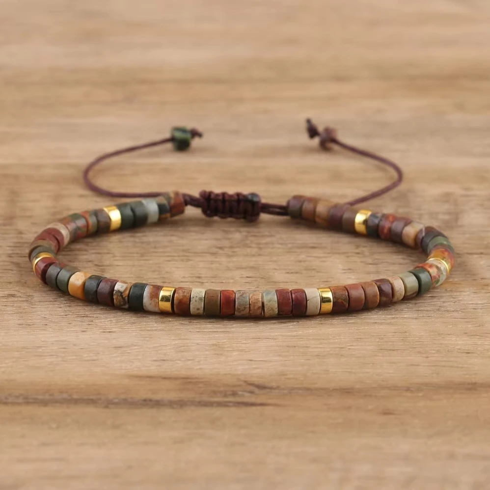 2 x 4 mm Dainty Stone Bracelet for Women Semi-precious Flat Beaded Handwoven Adjustable Healing Imperial Jasper Bracelet