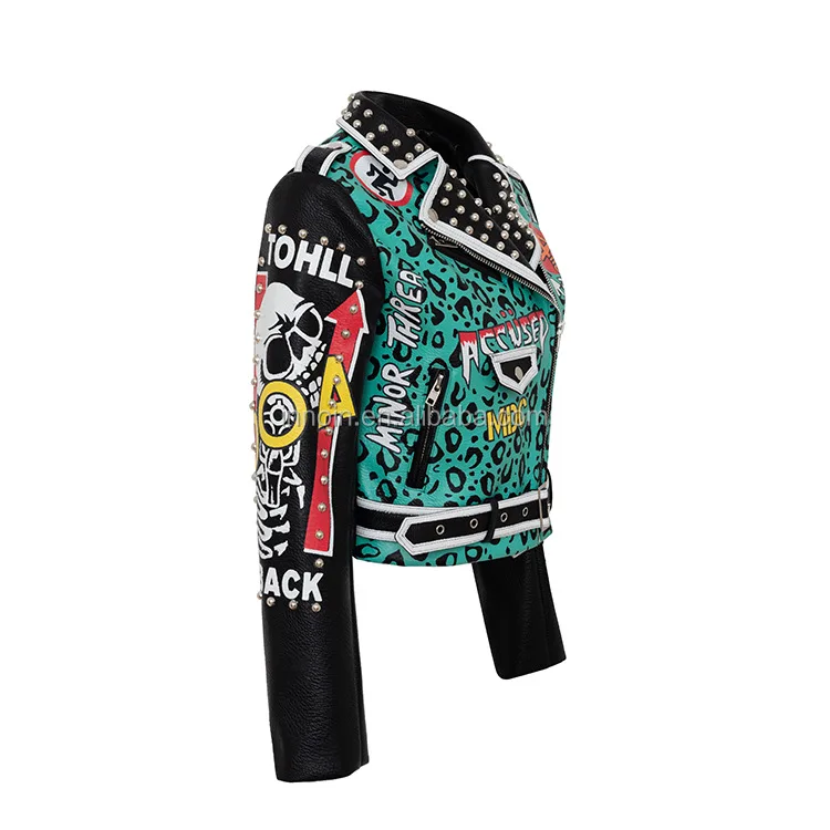 Street style autumn spring Graffiti pattern Leather Jackets Women Ladies Motorcycle Punk Cropped pu leather Jacket with belt