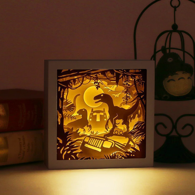Creative DIY Paper Art Crafts Jurassic Park Dinosaur sculpture 3D Paper Cut Fairy Lights For Kids