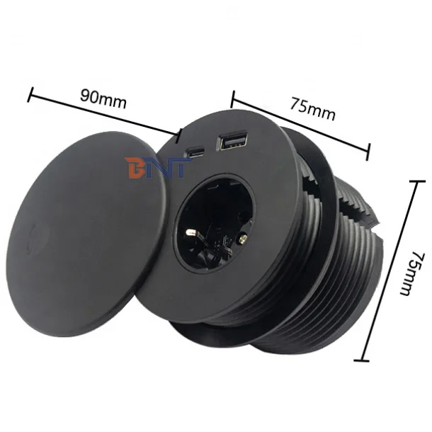 Built In Desk Black Mini EU Power USB A USB Type C Desk Round Power Outlet Grommet With Sliding Rotate Cover