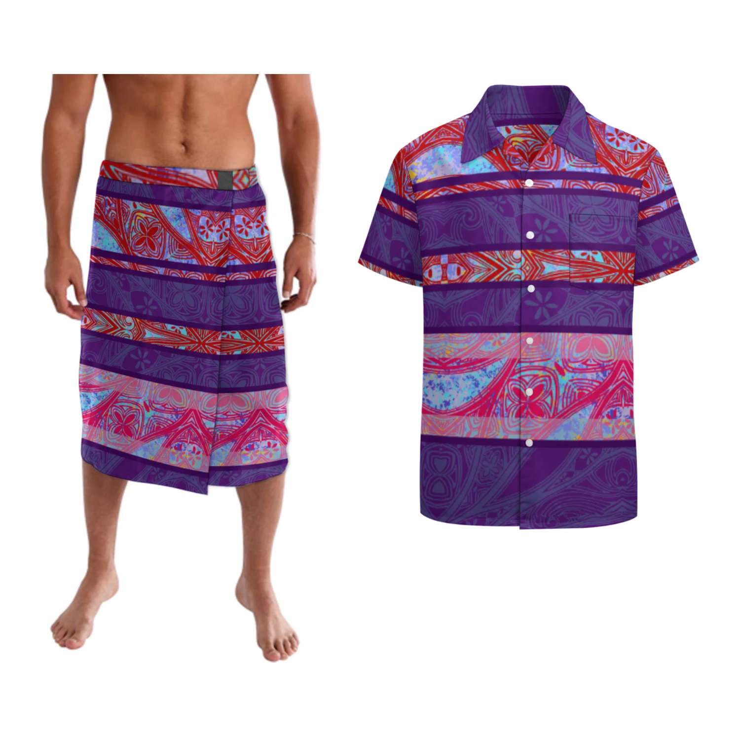 Factory Direct Sales Fashion Polynesian Tribal Style Ie Faitaga Customized on Demand Man Ie Faitaga and Short Shirt Two Piece