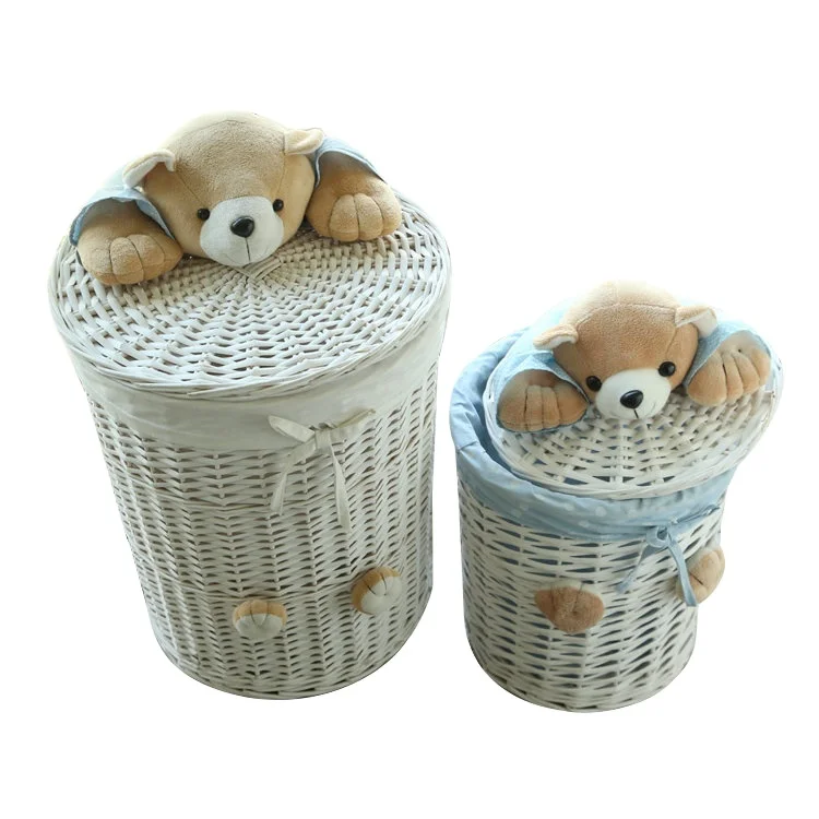 Eco friendly round shape wicker woven laundry basket with lid and liner
