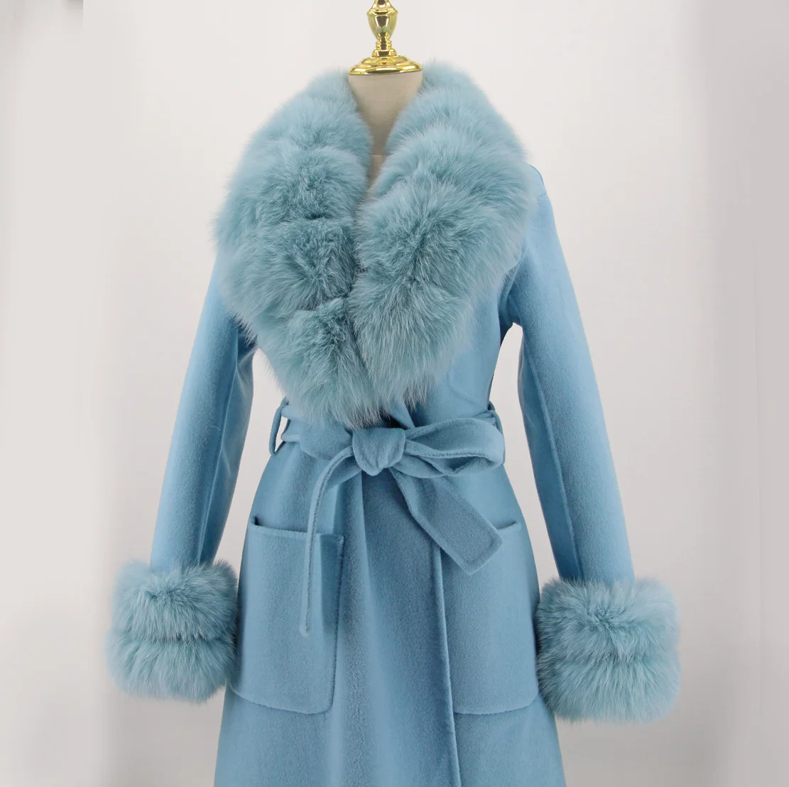 QIUCHEN QC21046 winter women high quality blue woolen long cashmere jacket with fox fur collar cuffs wool coat