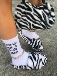 American Popular Fur Design Women Handbag Match Shoes Set Zebra Pattern Bags Purse With Slippers