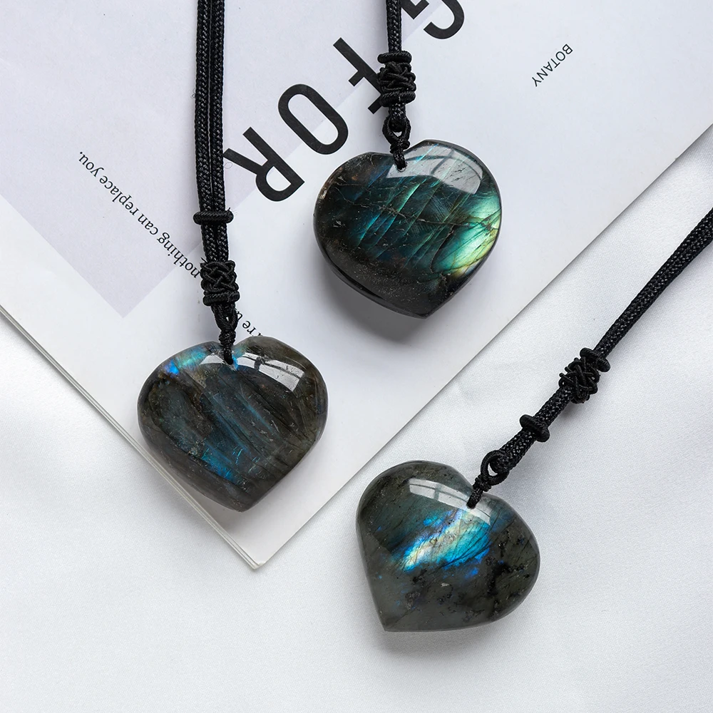 wholesale natural crystal labradorite heart shaped rough polished pendant love stone necklace crafts stone