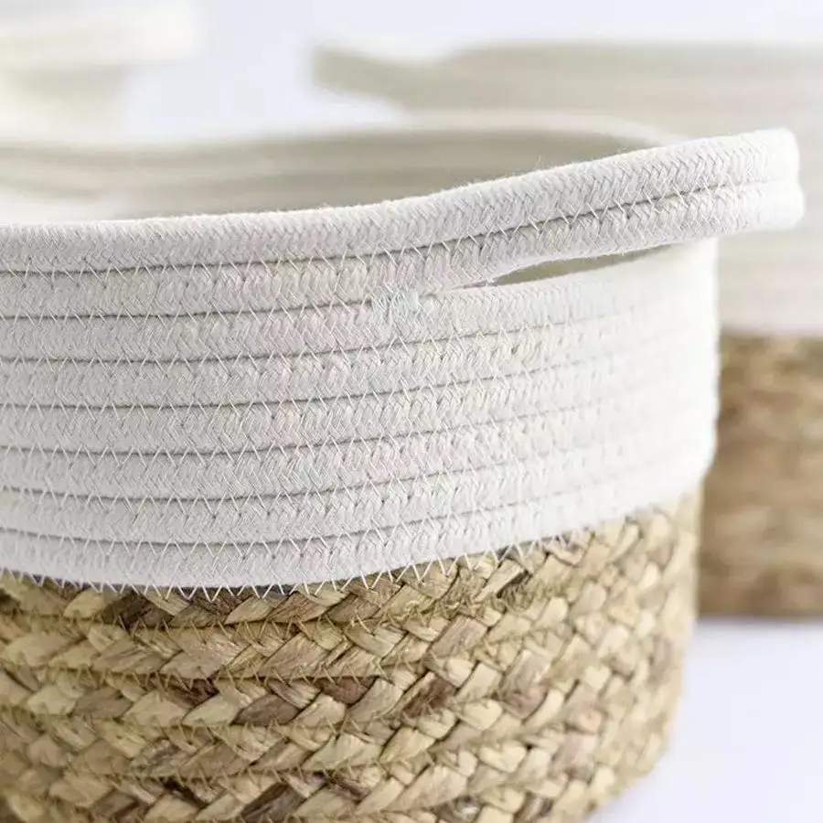 Brown Organic  Collapsible  Water Hyacinth Laundry Basket Straw Handwoven Storage Baskets rope woven storage basket