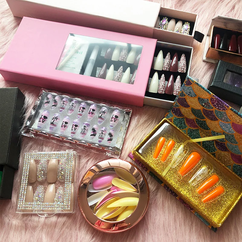 artificial fingernails long French rhinestones false nails private label custom press on nail packaging box