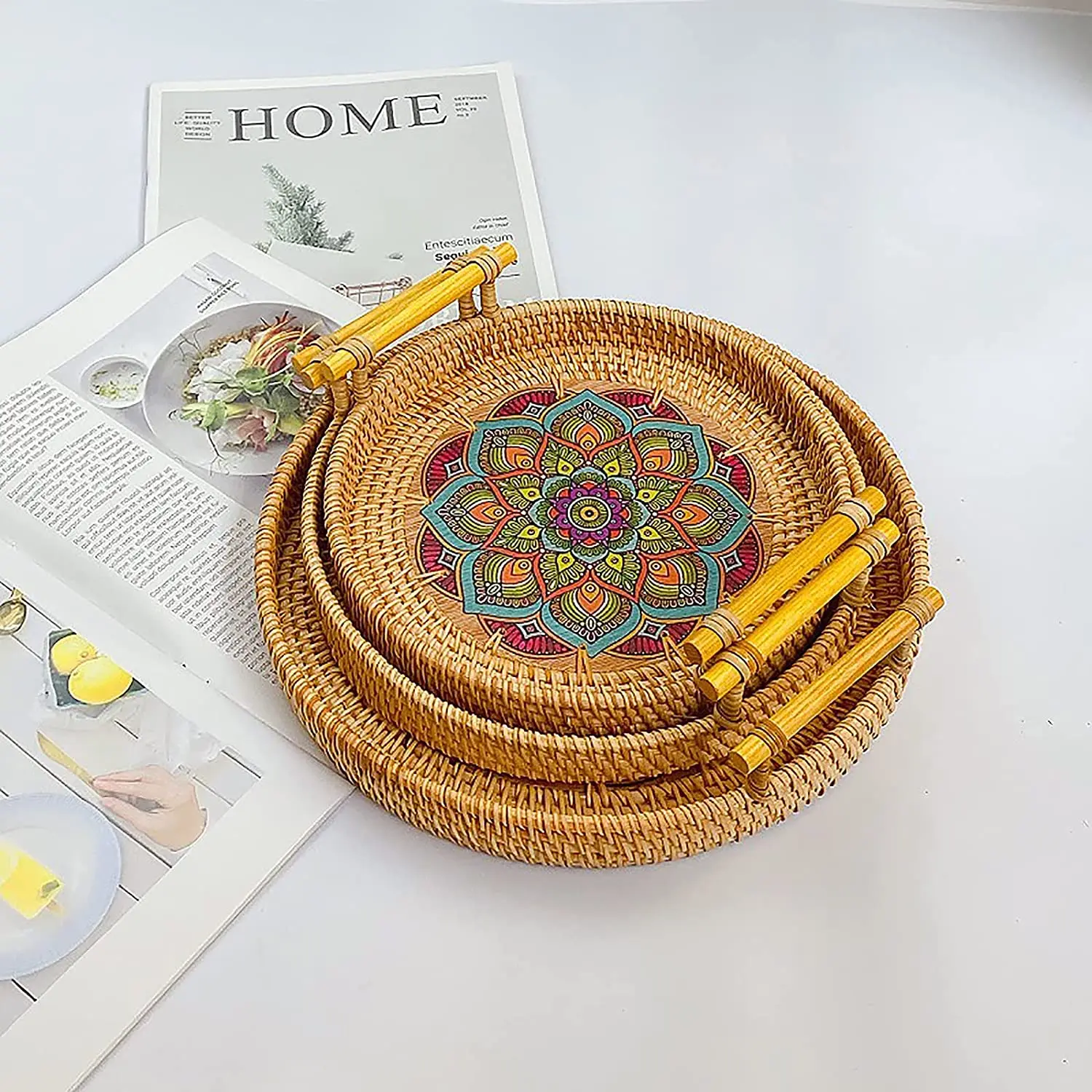Decorative Woven Ottoman Trays for Coffee Table Dinner Party Kitchen Organizer Rattan Round Basket Serving Tray with Handles