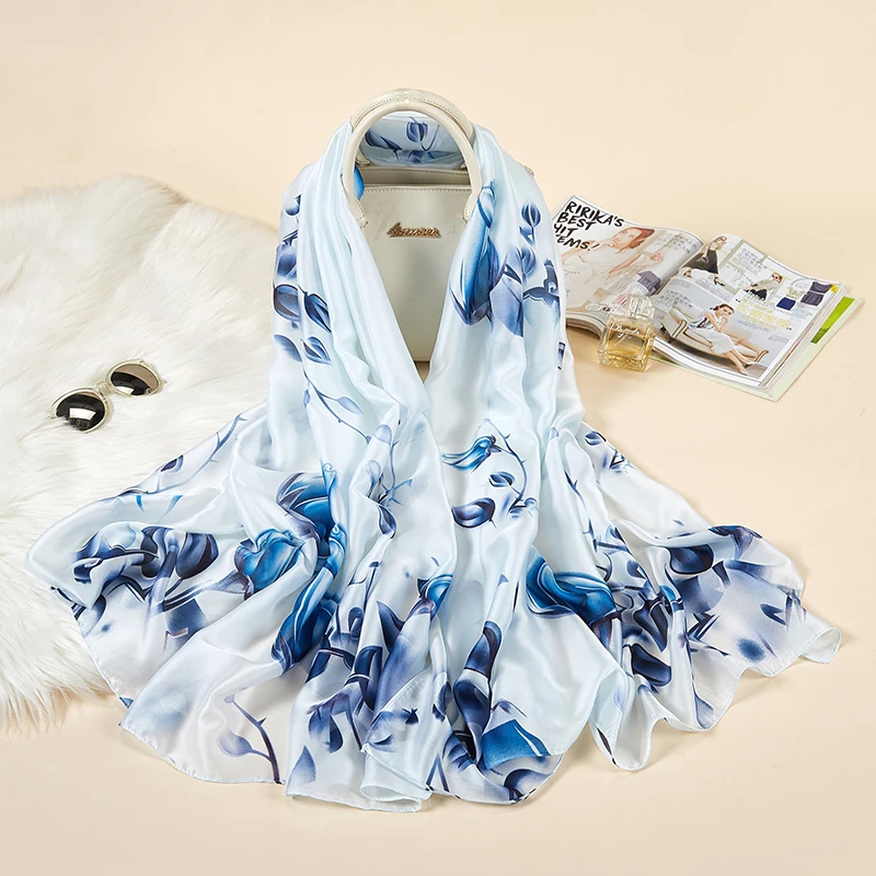 90x180cm New Elegant Style Korean printing Flower pattern satin scarf silk high-end artificial decorative custom satin scarf