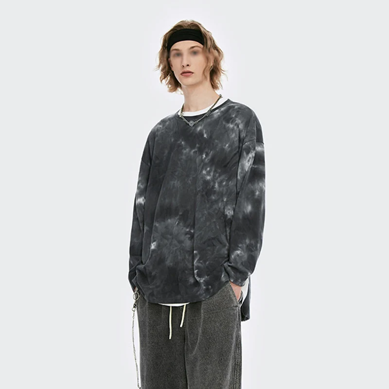 Новейший дизайн осенне-зимних свитеров в стиле ретро с галстуком-краской свободная повседневная мужская толстовка с асимметричным подолом и разрезом