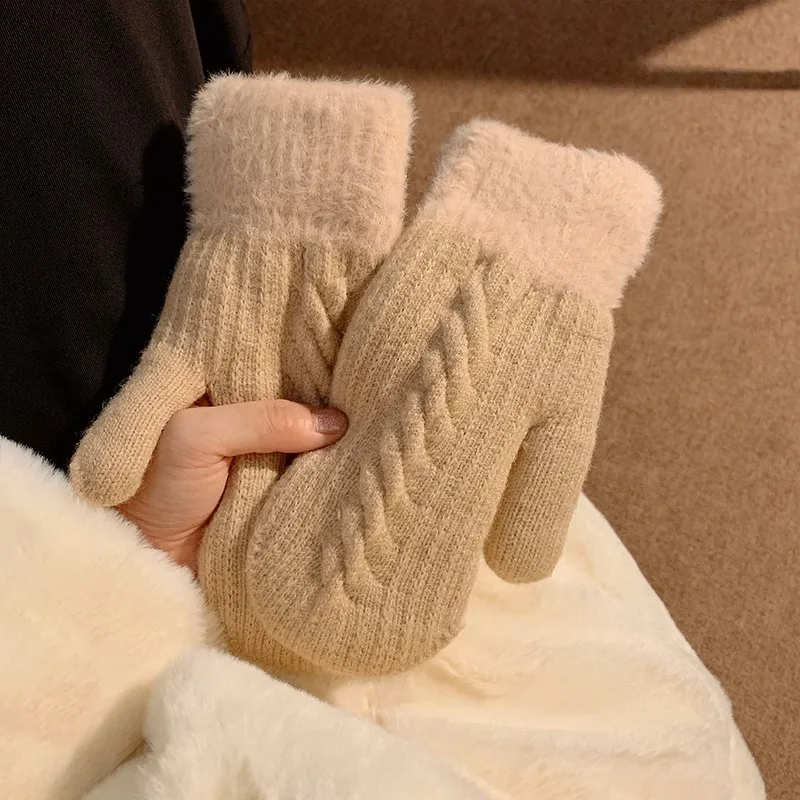 High Quality Ladies Winter Fashion Mitten Double Knit Thick Plush Warm Gloves