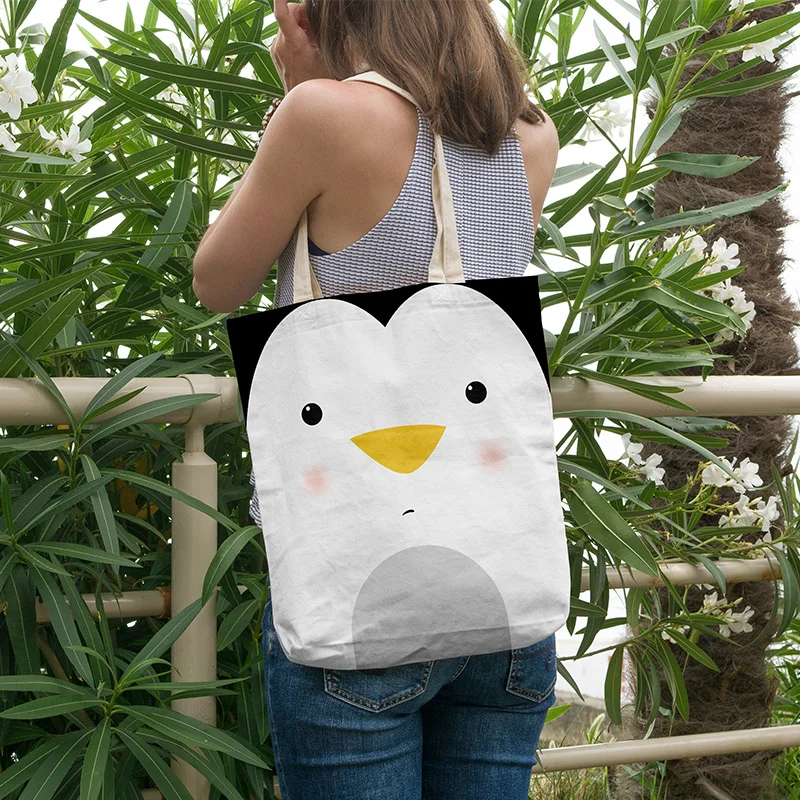 New Women Cartoon Handbag Color Animal Face Panda Lion Shoulder Canvas Bag Large Capacity Girl Reusable Shopping Bag Grocery Bag