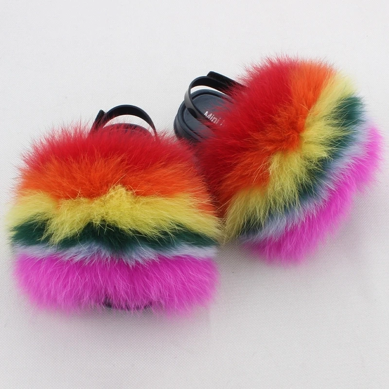 
Custom Children Fashion Slippers Cute Colorful baby fur slides Full Customized Soft Real Fox kids fur slippers 