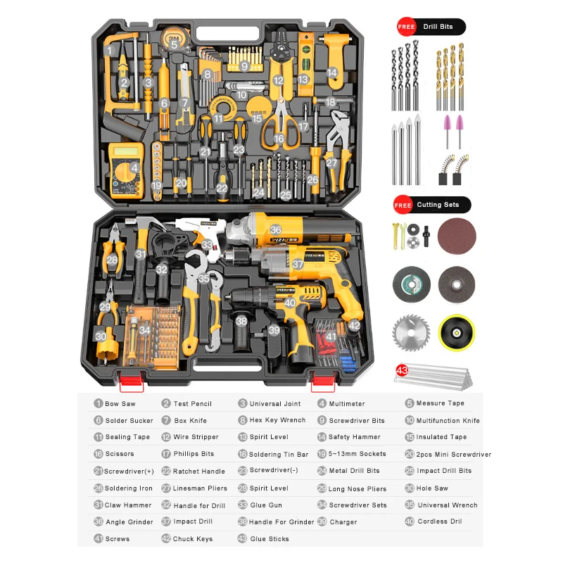 Angle Grinder Impact Drill Glue Gun Multimeter Fasteners 118pcs Hand Tool and Power Tool Combo Kit For Household