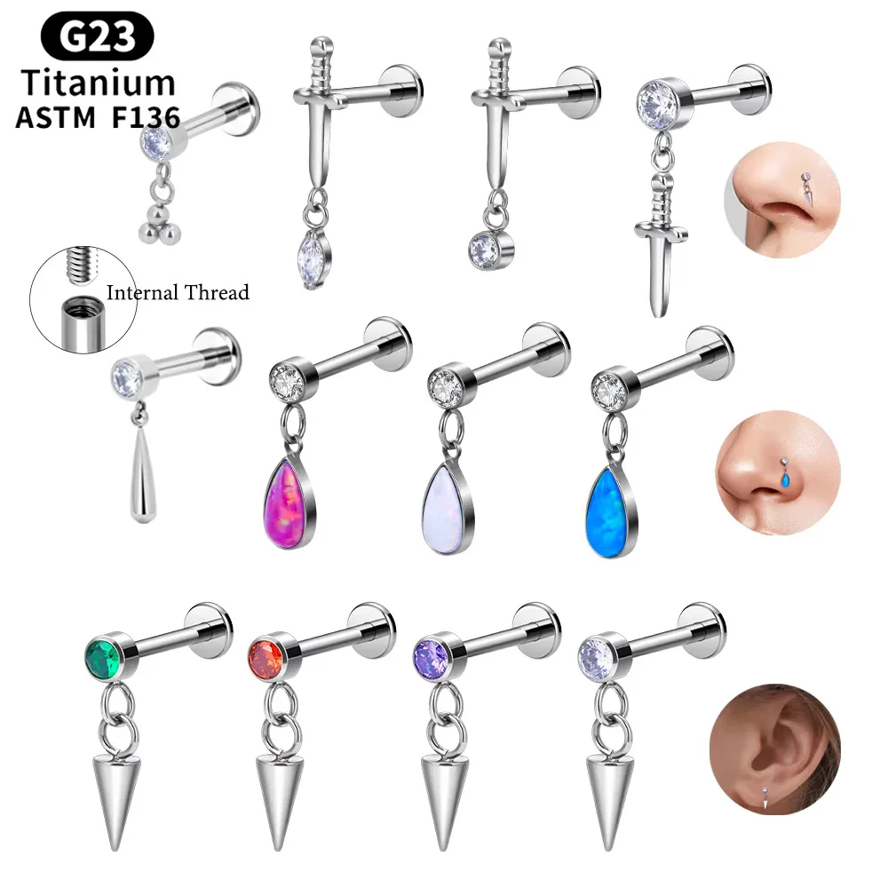 Gaby G23 Titanium 16G Double CZ Sword Opal Dangle Ear Tragus Helix Cartilage Stud Charm Drop Earring Piercing Jewelry