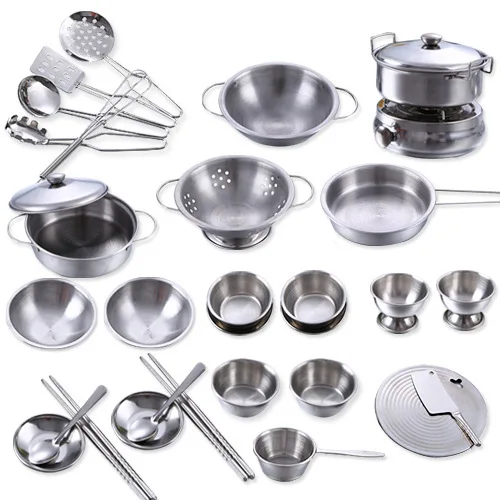 2023 Hot Selling Mini Incl Cooker Cookware Stainless Steel Kitchen Set Toys miniature kitchen toy set for real cooking kids toys