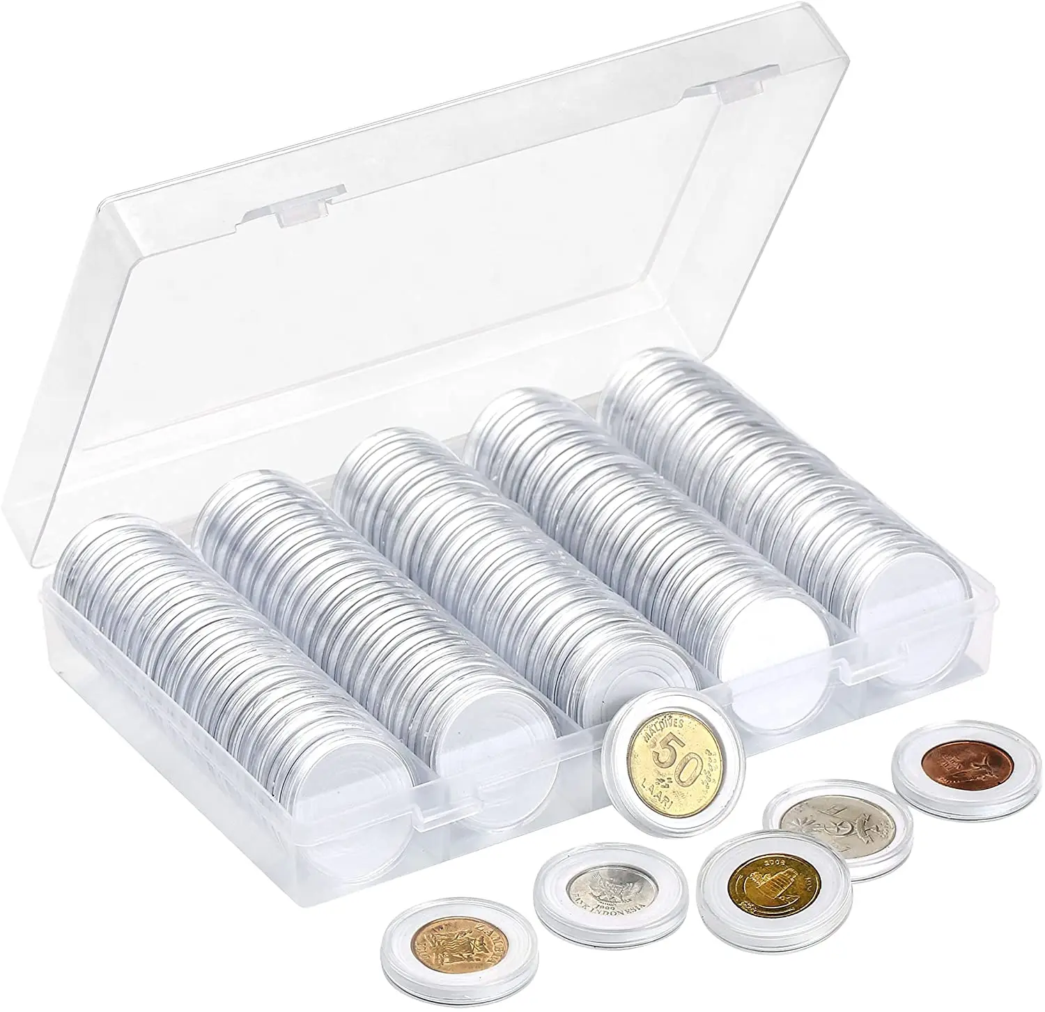 100 pieces 30mm coin capsules and 5 sizes EVA Pads Coin Holder Case Plastic Capsules Acryl Holder Coin Box