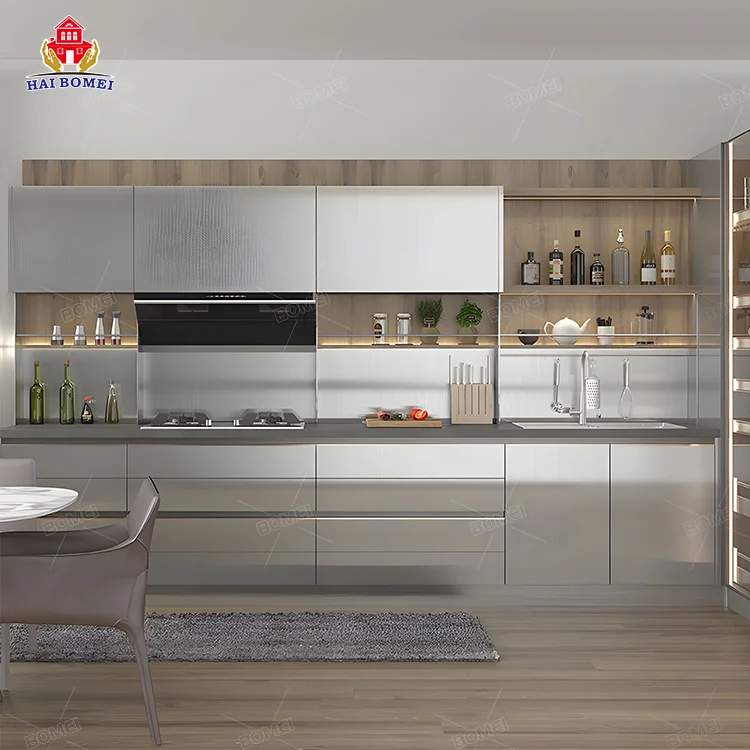 High Gloss foshan complete Set Modular stainless steel Indoor metal china habging ready made aluminum Kitchen Cabinets with sink