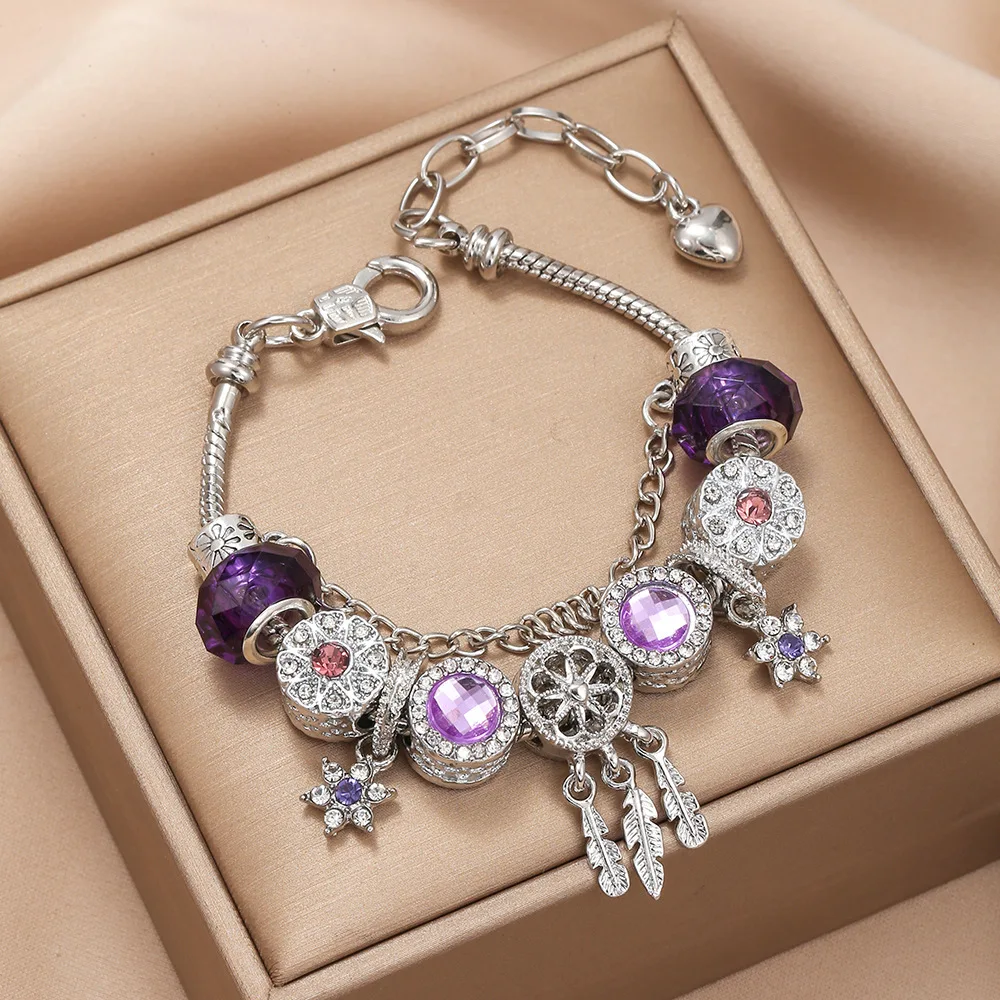 Fine Dream Catcher Charm Bracelet For Women DIY Violet Crystal Beads Crystal Pendant Silver Plated Snake Bone Chain Bracelet