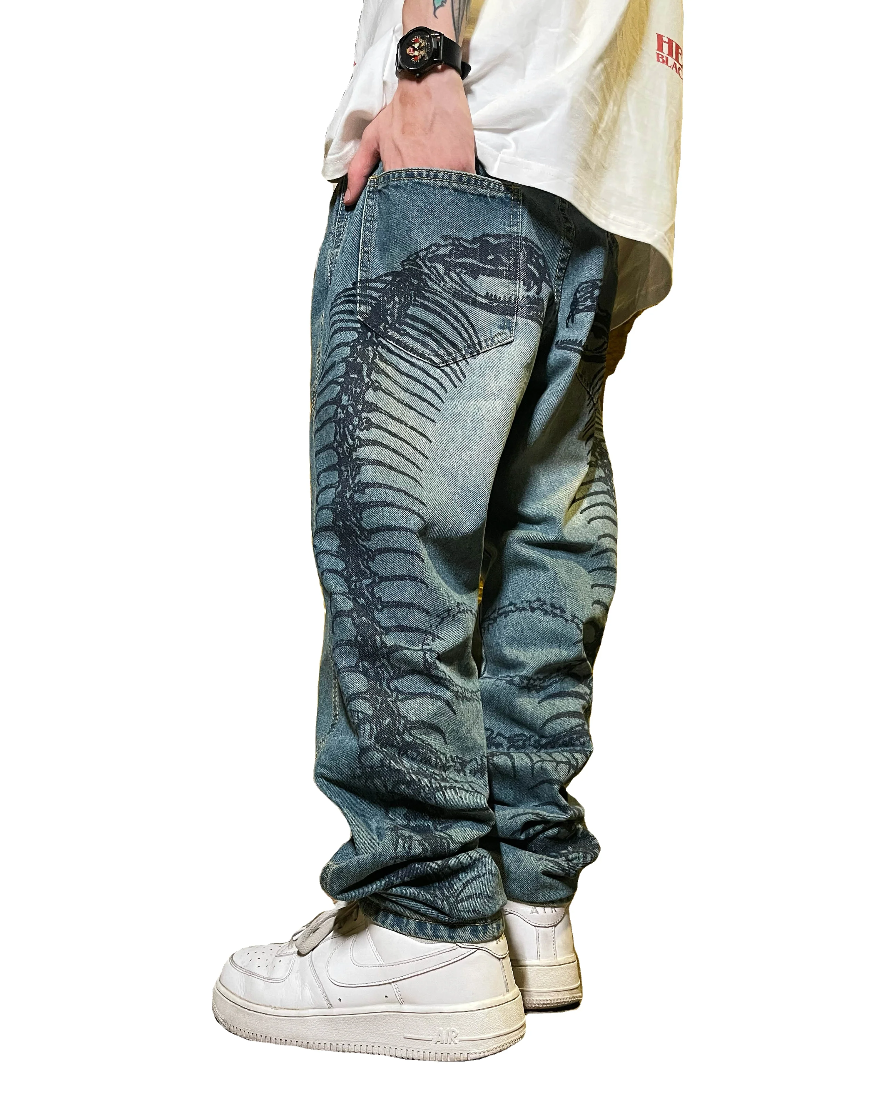 Niche design skeleton printed high waist jeans casual wide leg loose straight pants