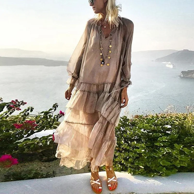 2024 Plus Size Bohemian Sundress Lace Vestido Transparent Loose Layered Beach Holiday Maxi Dress