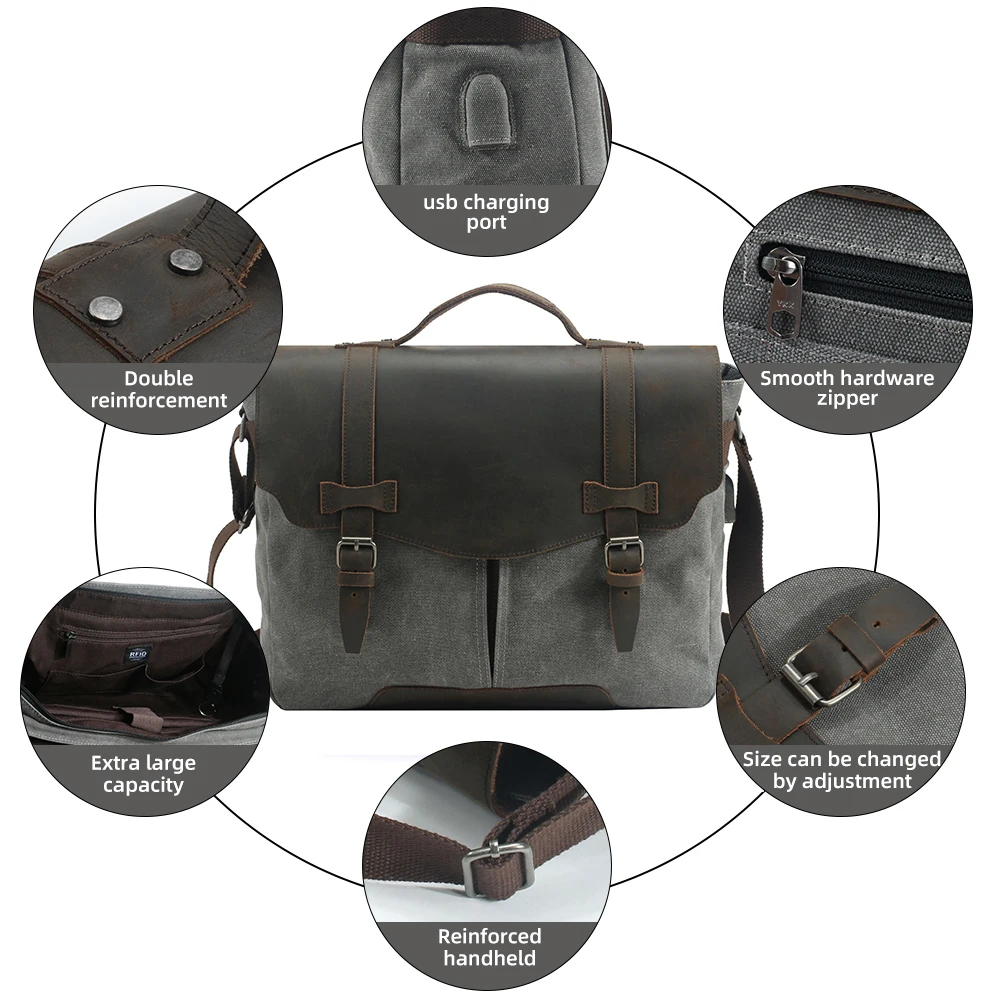 custom design vintage leather men shoulder document laptop bag canvas messenger bags for men business