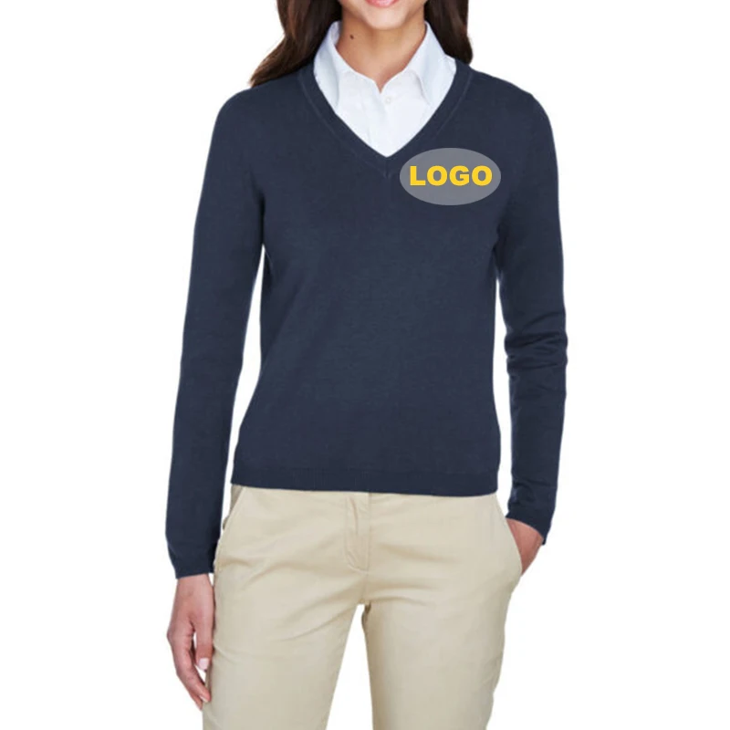 Новый дизайн женской деловой одежды осень 100% хлопок V-образный вырез Вязаная женская униформа большого размера для сотрудника свитер с пользовательским логотипом