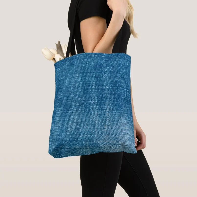 Custom Large Capacity Blue Denim Reusable Light Weight Jean Tote Shopping Bag