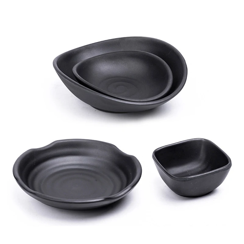 Japanese Restaurant Serving Soy Sauce Dishes Matt Black Divided Sauce Dish 3 Compartment Melamine Plate