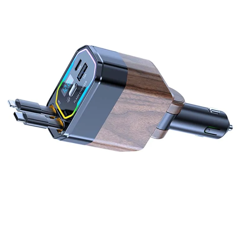 New 4 in 1 Multifunctional Wireless Car Charger 12-24v Quick Charger with LED Light 2 Retractable Cigarette Lighter Cables