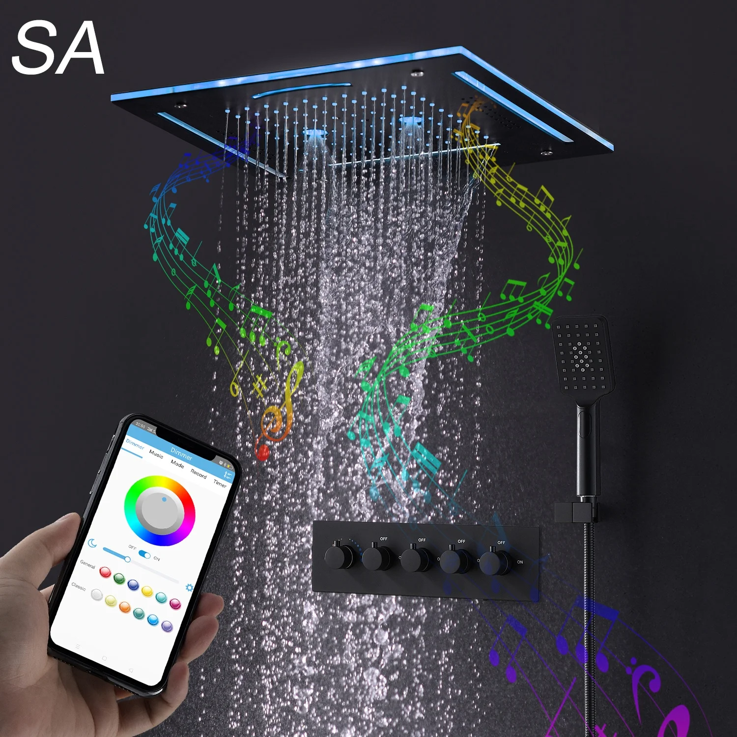Luxury Bathroom Shower LED Black Stainless Steel Rain Shower Head Wall Mounted Tub Faucet Telephone Bluetooth Music Shower Set