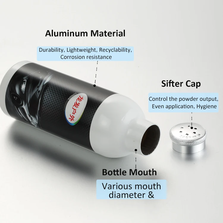 50g 80 120g 100g 200g Aluminum Skin Care Cosmetic Talc Powder Packaging Bottle Round Powder Bottle With Twist Top Sifter Caps