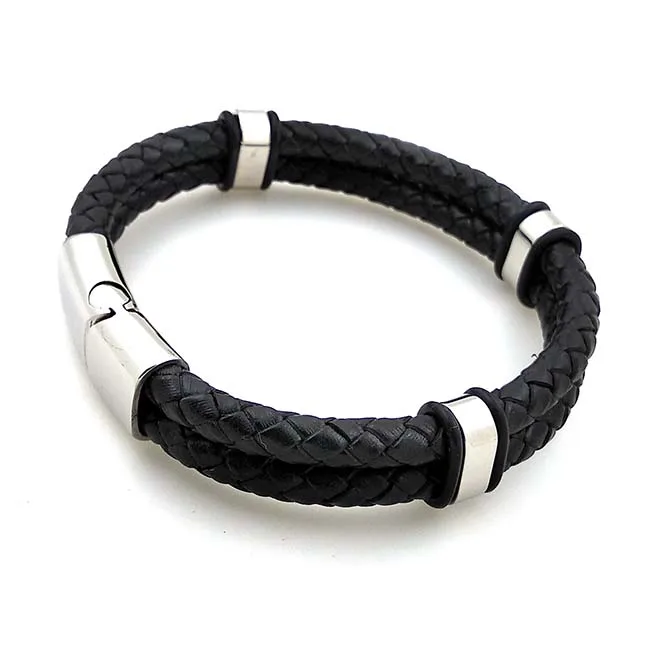 Stainless Steel 3 Rings Genuine Leather Bracelet For Men
