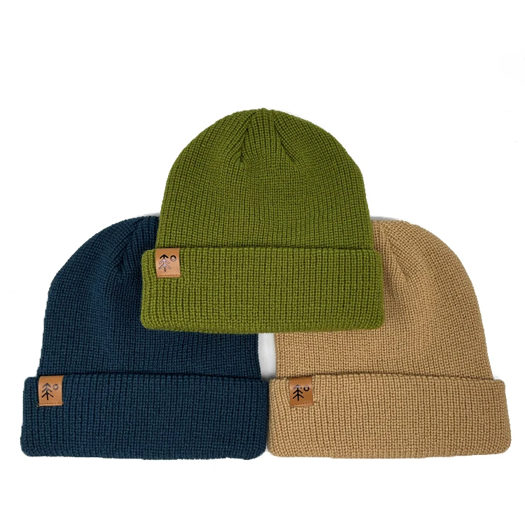 Acrylic Blend Slouchy Cuff leather patch Ski Cap, Skull Knit Winter Hat, Custom Beanie