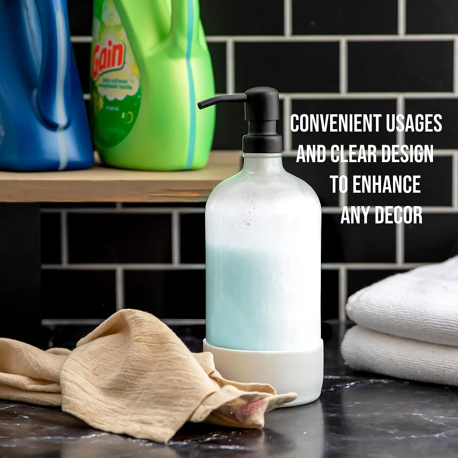 32 oz Glass Pump Rustproof Stainless Steel Pump Funnel and Lids Modern Farmhouse Vintage Jar Large Glass Shampoo Bottles